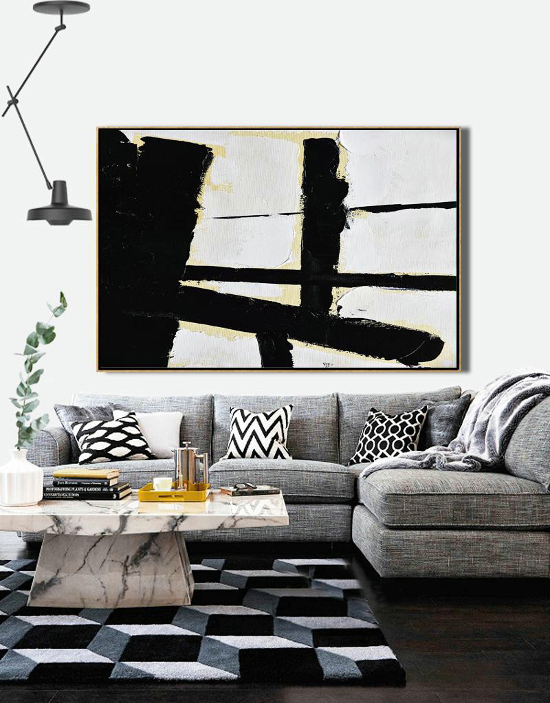 Acrylic Painting On Canvas,Horizontal Palette Knife Minimal Canvas Art Painting Black White Beige - Huge Abstract Canvas Art